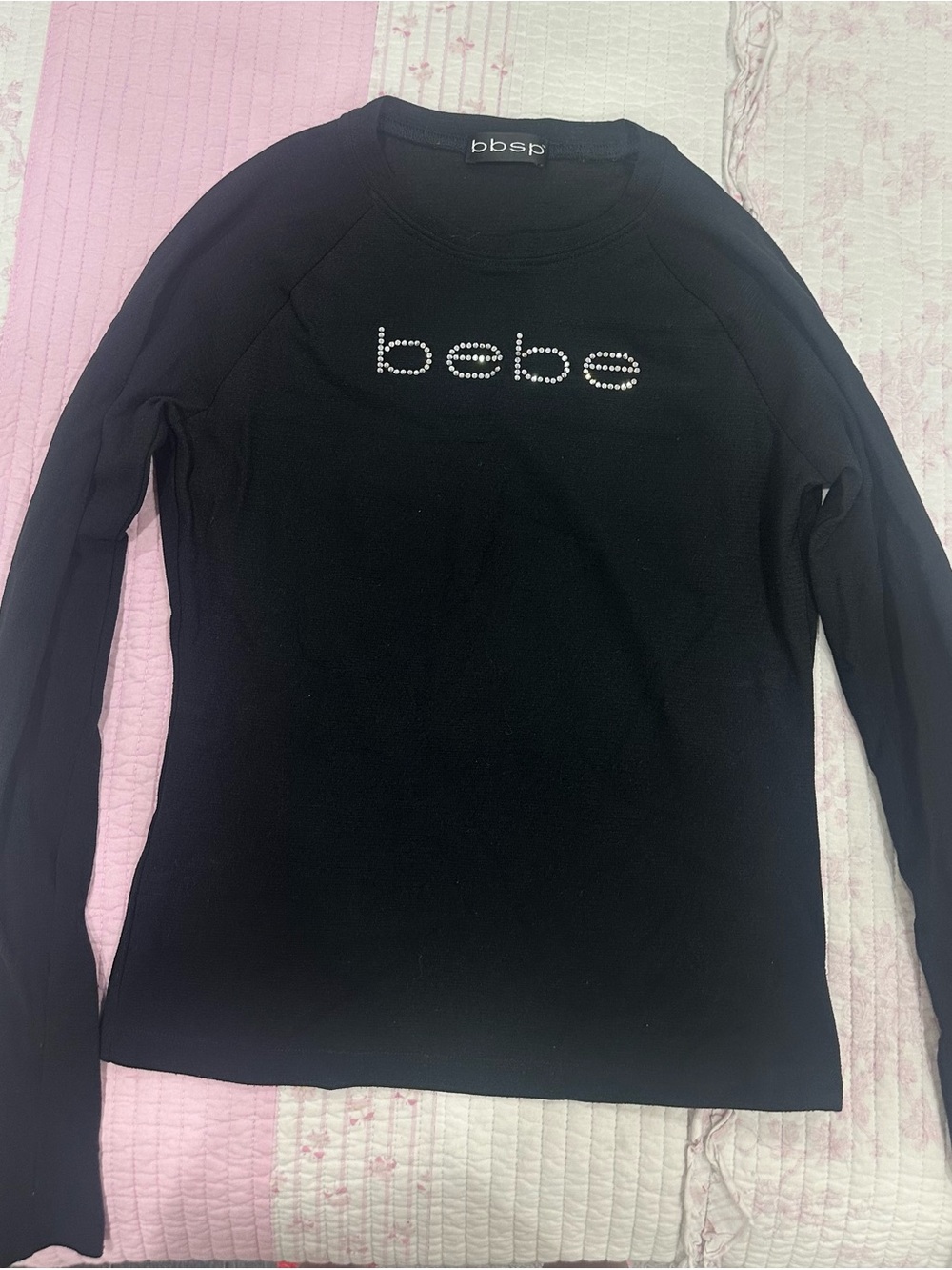 bebe Black Rhinestone Logo Crewneck Top